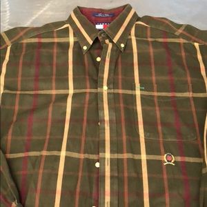 Tommy Hilfiger Shirt Plaid Button Up Long Sleeve Green Tan Mens Large EUC